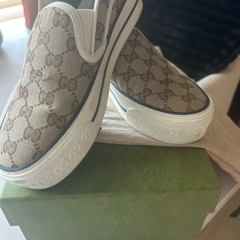 Gucci Tan Monogram Slip-Ons